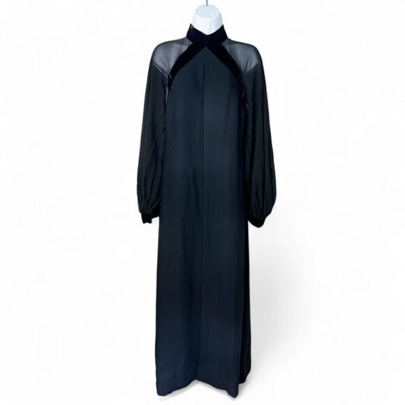 Vintage Women's Formal‎ Long Sleeve Gown Black Velvet Trim Sheer Maxi - Sz. S - Picture 1 of 12